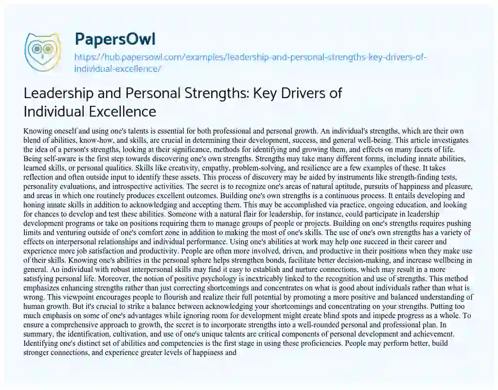 Essay on Leadership and Personal Strengths: Key Drivers of Individual Excellence