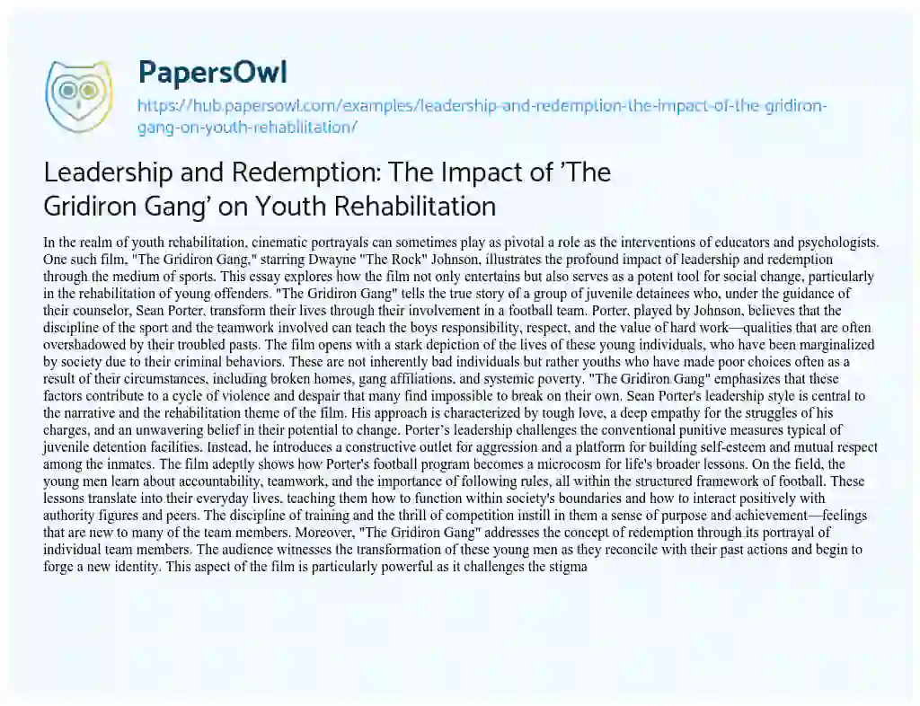 Essay on Leadership and Redemption: The Impact of ‘The Gridiron Gang’ on Youth Rehabilitation