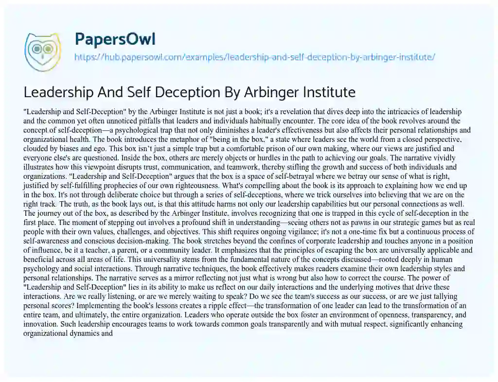 Essay on Leadership And Self Deception By Arbinger Institute