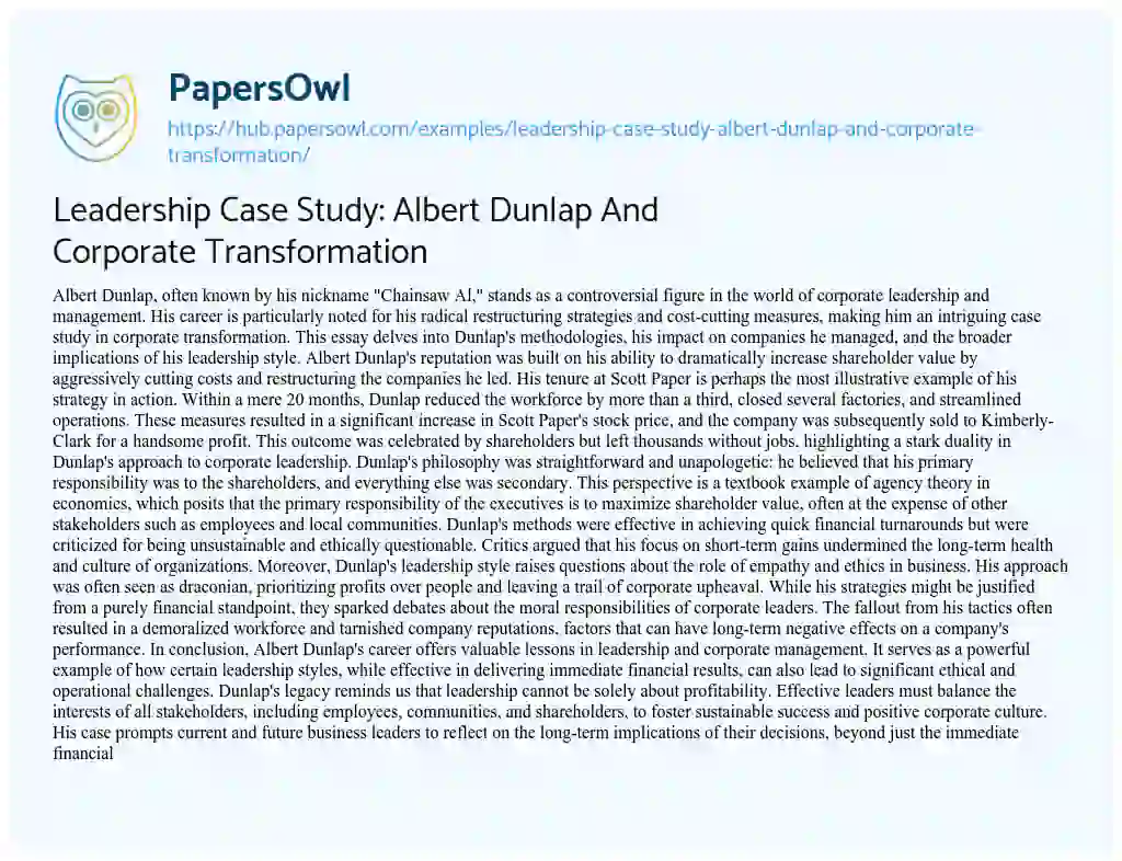 Essay on Leadership Case Study: Albert Dunlap And Corporate Transformation