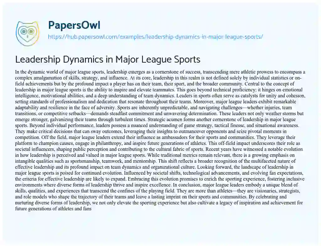 Essay on Leadership Dynamics in Major League Sports