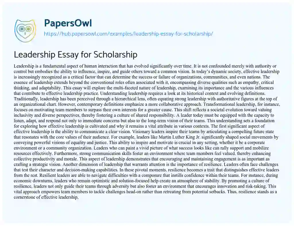 Essay on Leadership Essay for Scholarship