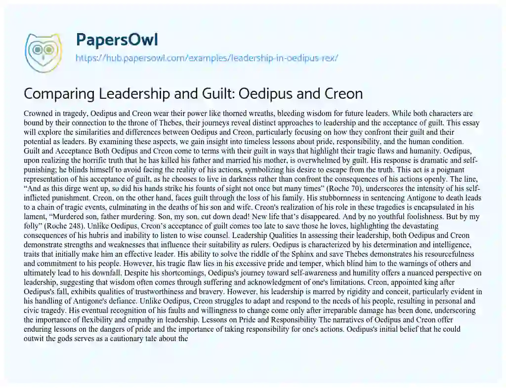 Essay on Comparing Leadership and Guilt: Oedipus and Creon