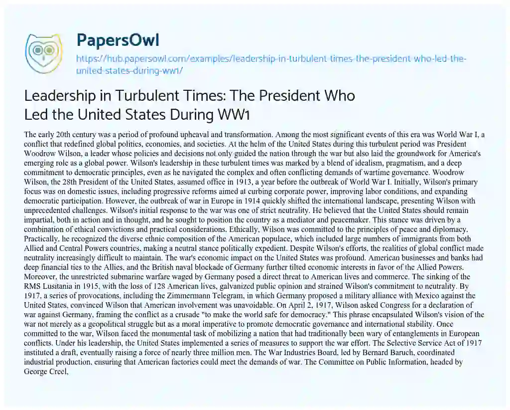 Essay on Leadership in Turbulent Times: The President Who Led the United States During WW1