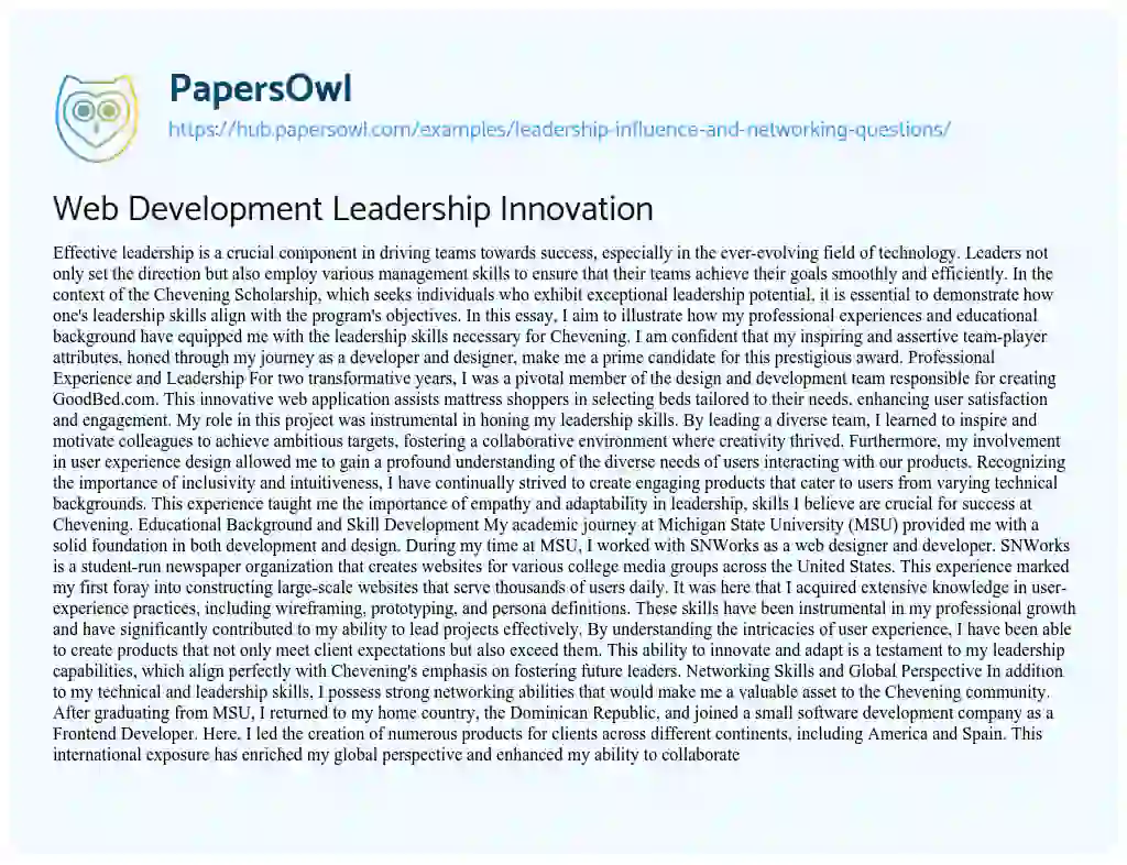Essay on Web Development Leadership Innovation