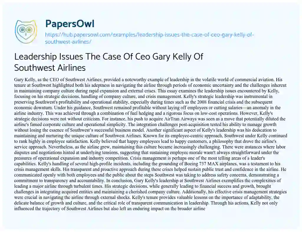 Essay on Leadership Issues The Case Of Ceo Gary Kelly Of Southwest Airlines