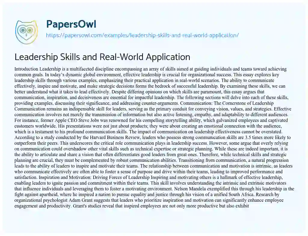Essay on Leadership Skills and Real-World Application