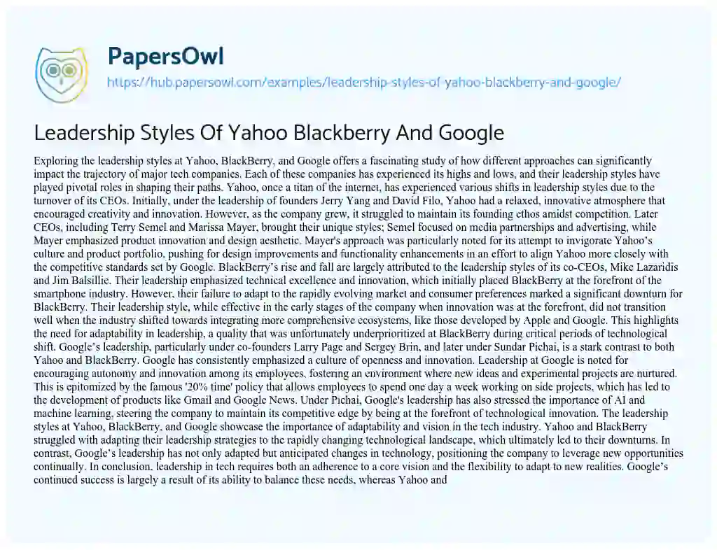 Essay on Leadership Styles Of Yahoo Blackberry And Google