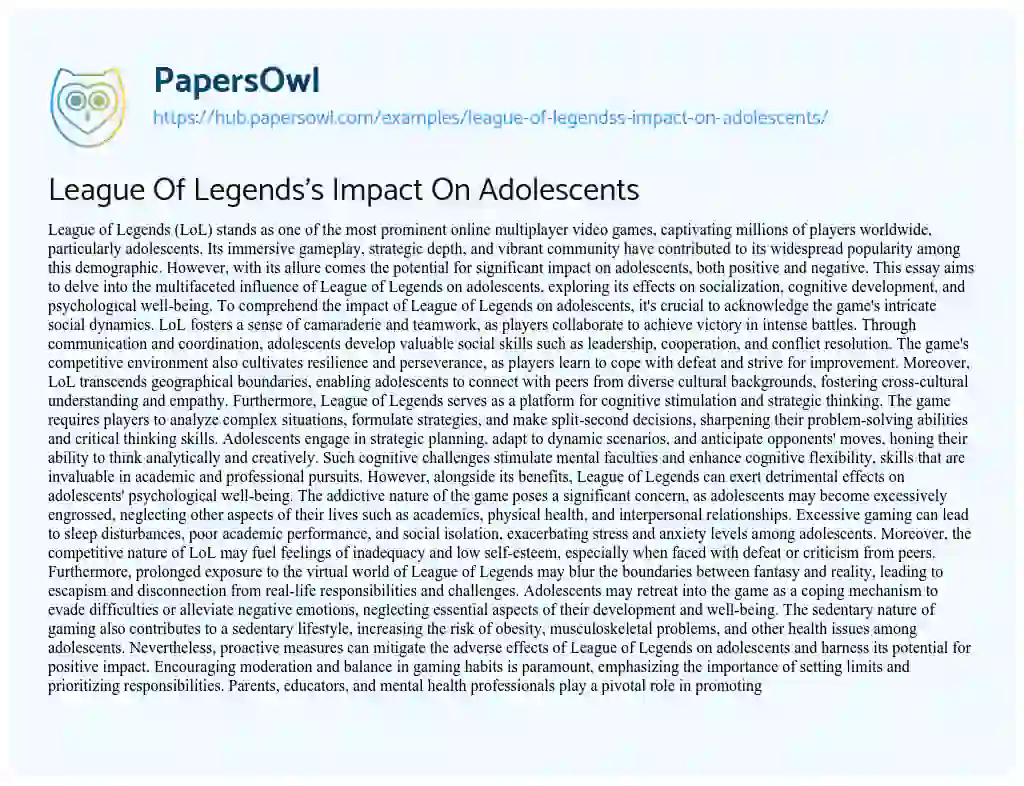 Essay on League Of Legends’s Impact On Adolescents