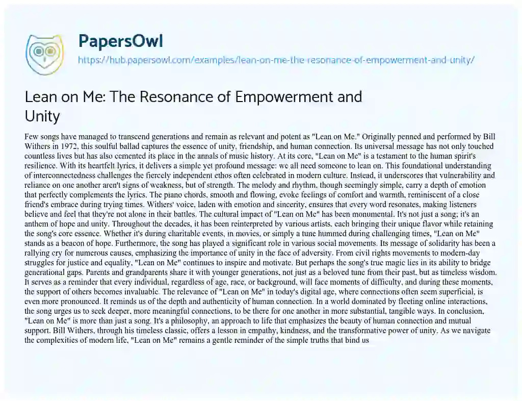 Essay on Lean on Me: The Resonance of Empowerment and Unity
