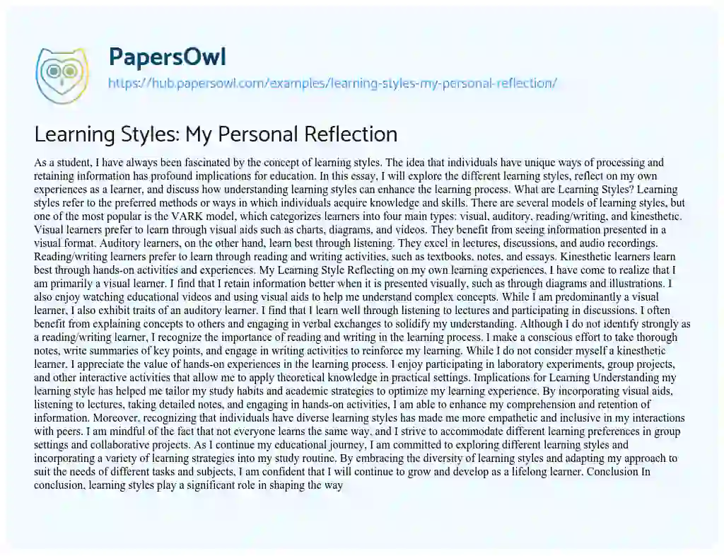 Essay on Learning Styles: My Personal Reflection
