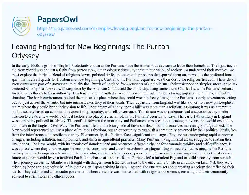 Essay on Leaving England for New Beginnings: The Puritan Odyssey