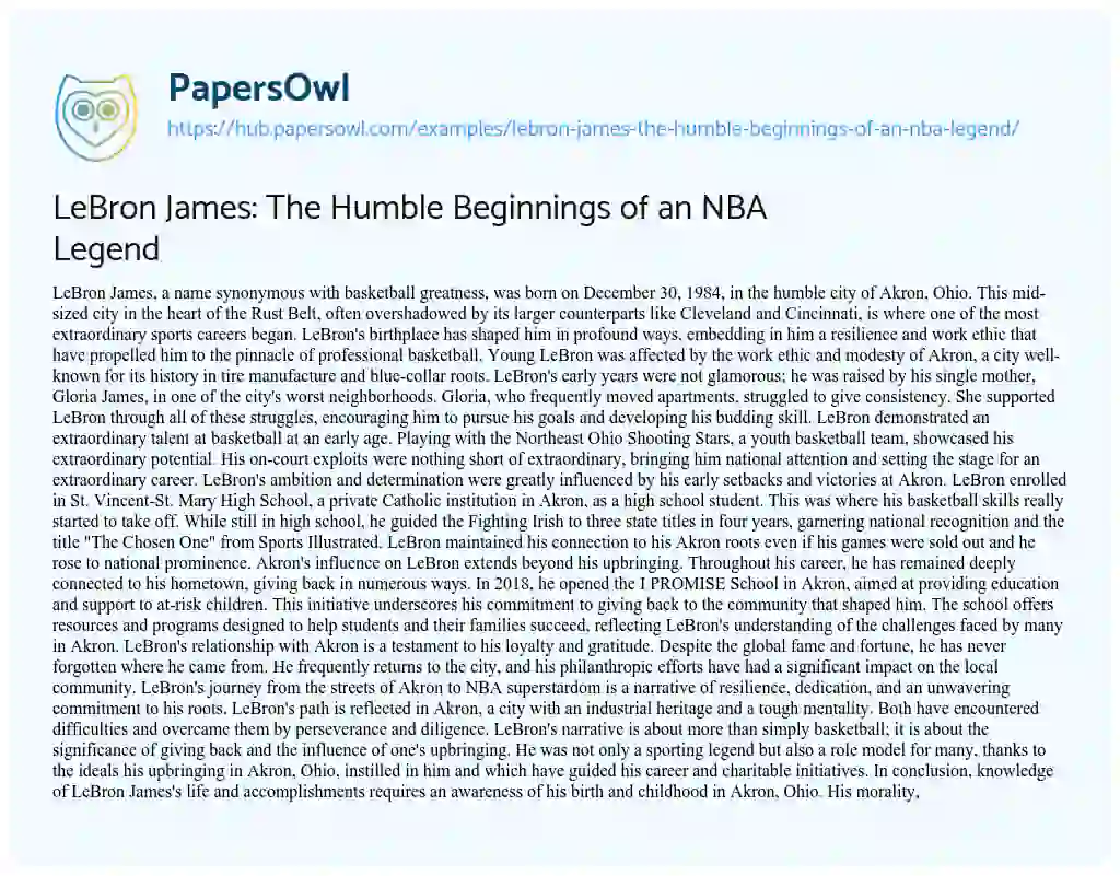 Essay on LeBron James: The Humble Beginnings of an NBA Legend