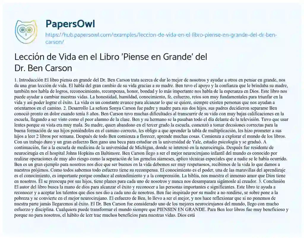 Essay on Lección de Vida en el Libro ‘Piense en Grande’ del Dr. Ben Carson