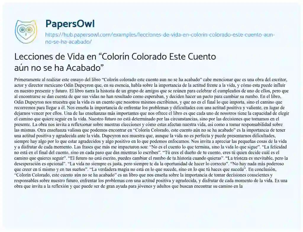 Essay on Lecciones de Vida en “Colorín Colorado Este Cuento aún no se ha Acabado”