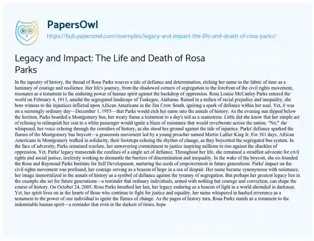 Essay on Legacy and Impact: The Life and Death of Rosa Parks