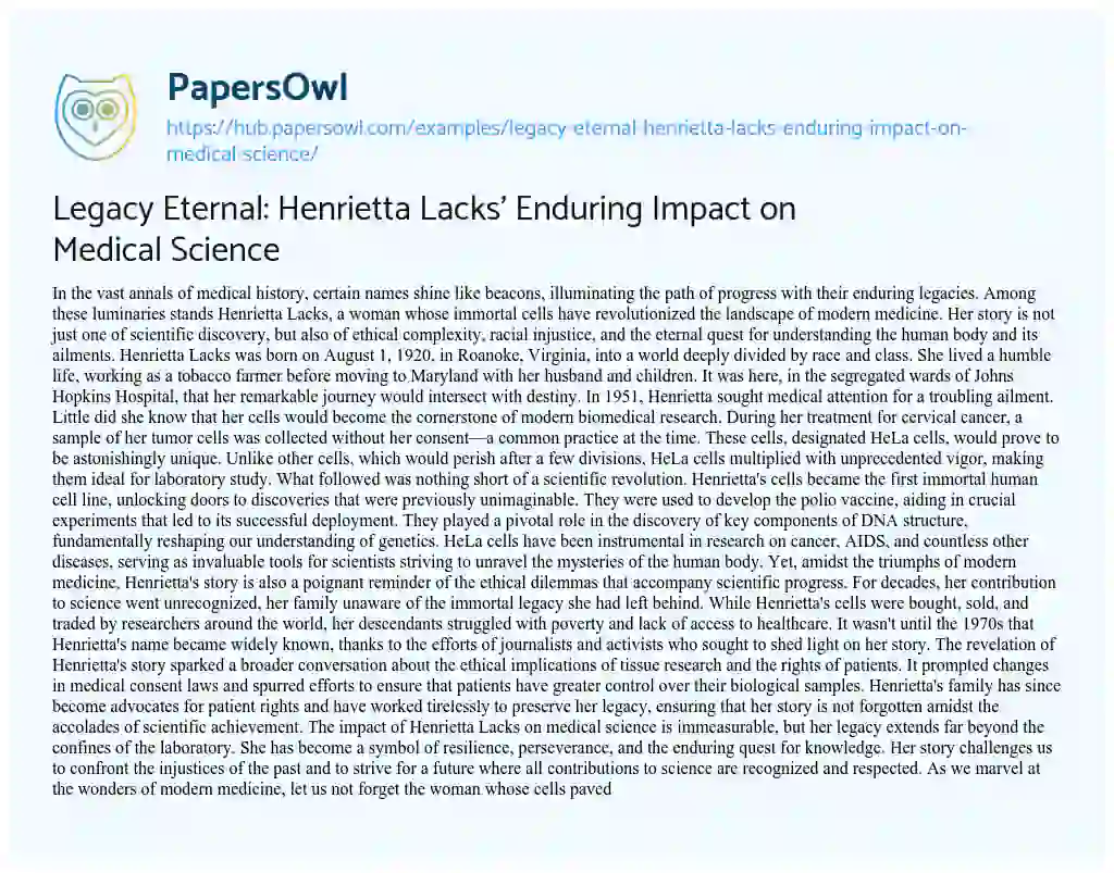 Essay on Legacy Eternal: Henrietta Lacks’ Enduring Impact on Medical Science