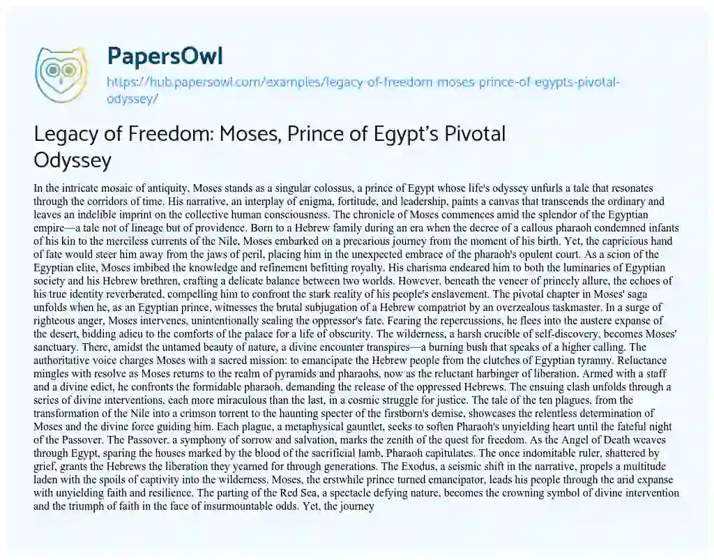 Essay on Legacy of Freedom: Moses, Prince of Egypt’s Pivotal Odyssey