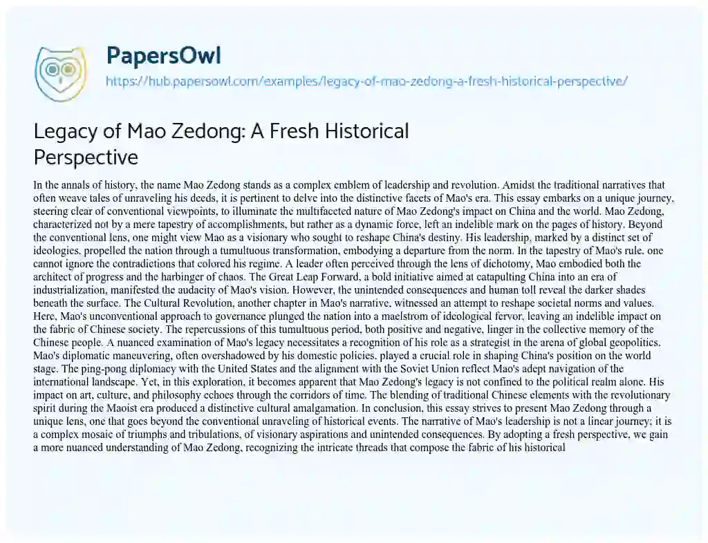 Essay on Legacy of Mao Zedong: A Fresh Historical Perspective