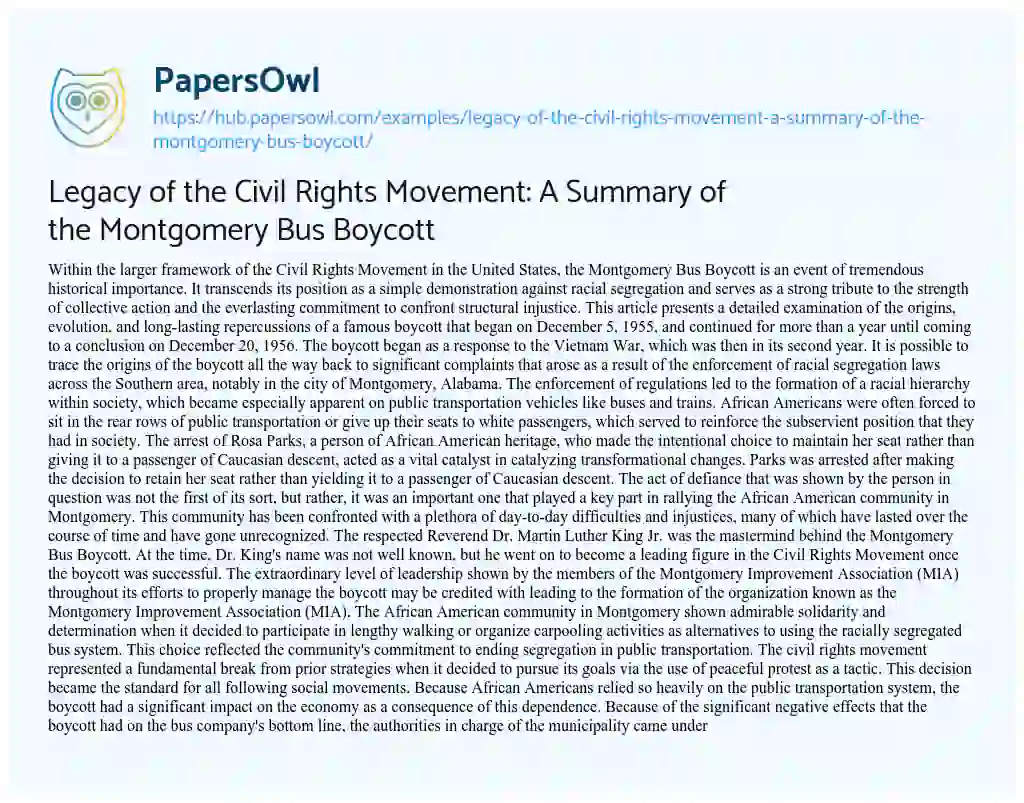 Essay on Legacy of the Civil Rights Movement: A Summary of the Montgomery Bus Boycott