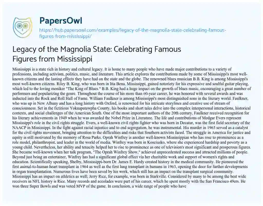 Essay on Legacy of the Magnolia State: Celebrating Famous Figures from Mississippi