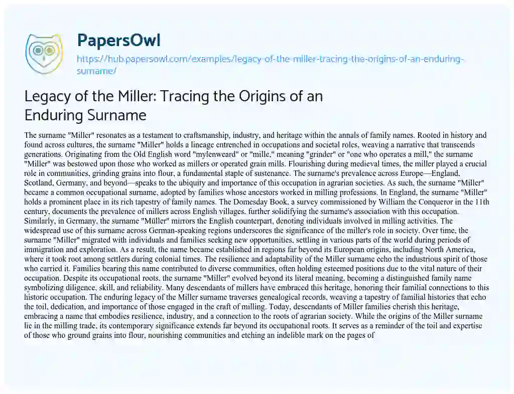 Essay on Legacy of the Miller: Tracing the Origins of an Enduring Surname