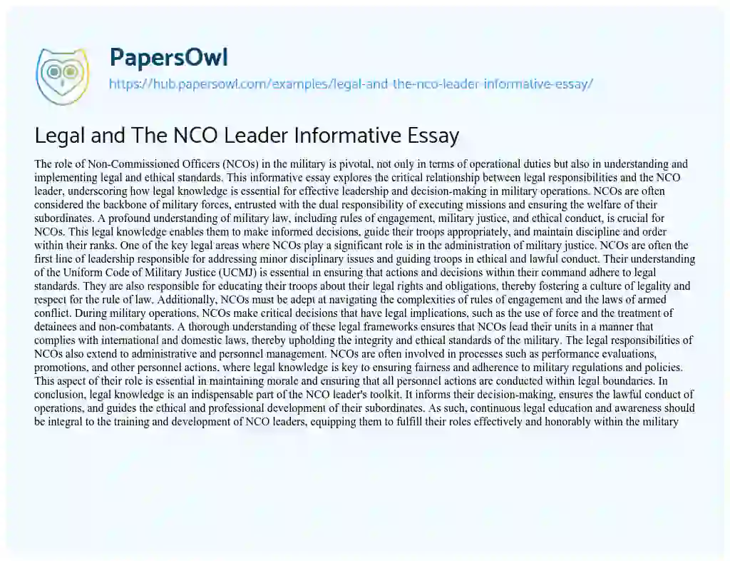 Essay on Legal and The NCO Leader Informative Essay