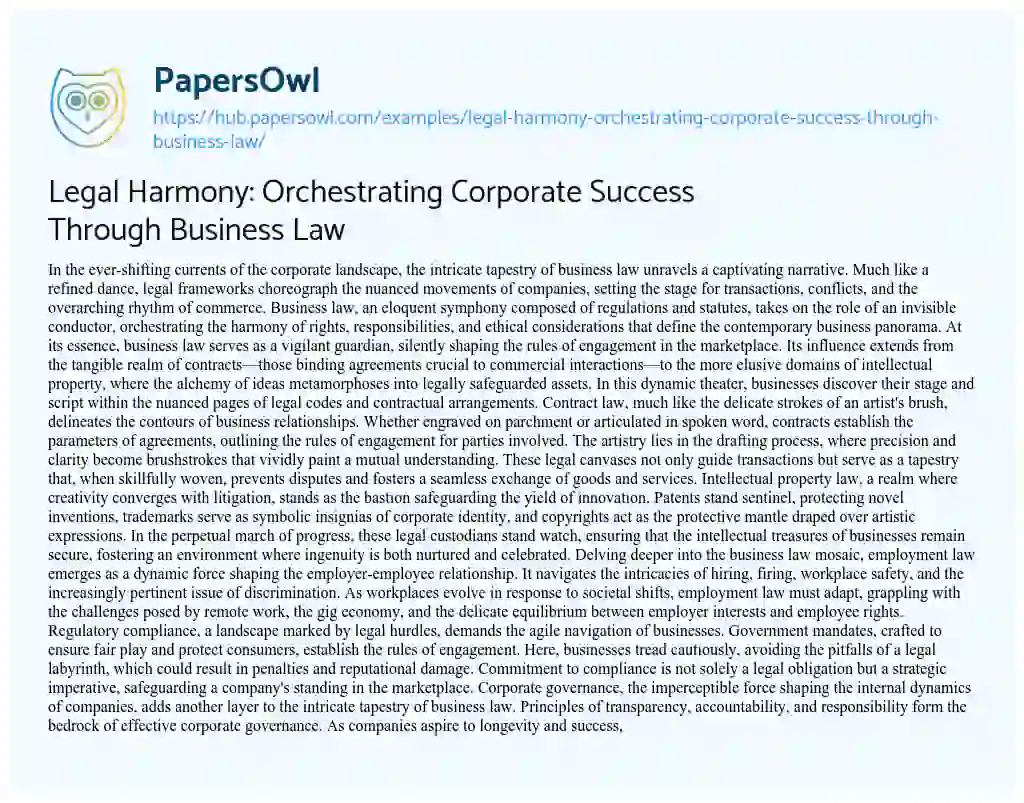 Essay on Legal Harmony: Orchestrating Corporate Success Through Business Law