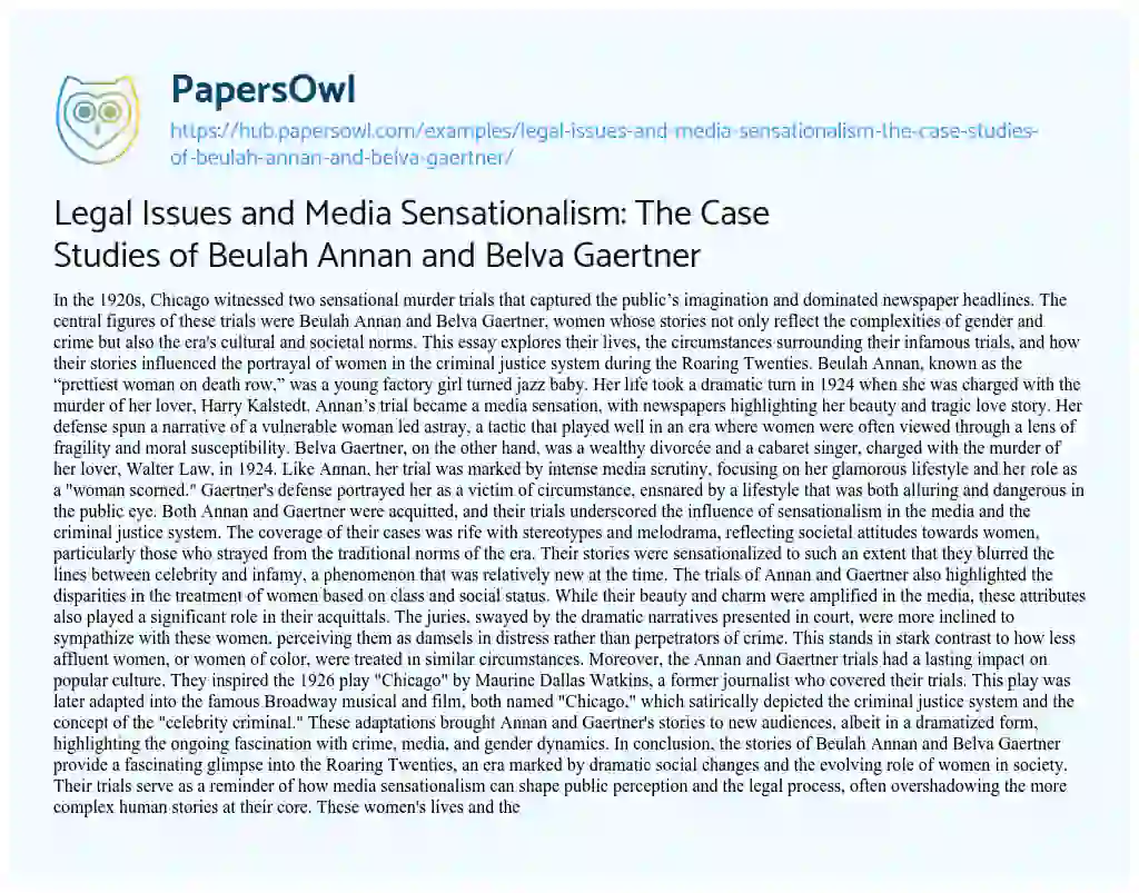 Essay on Legal Issues and Media Sensationalism: The Case Studies of Beulah Annan and Belva Gaertner