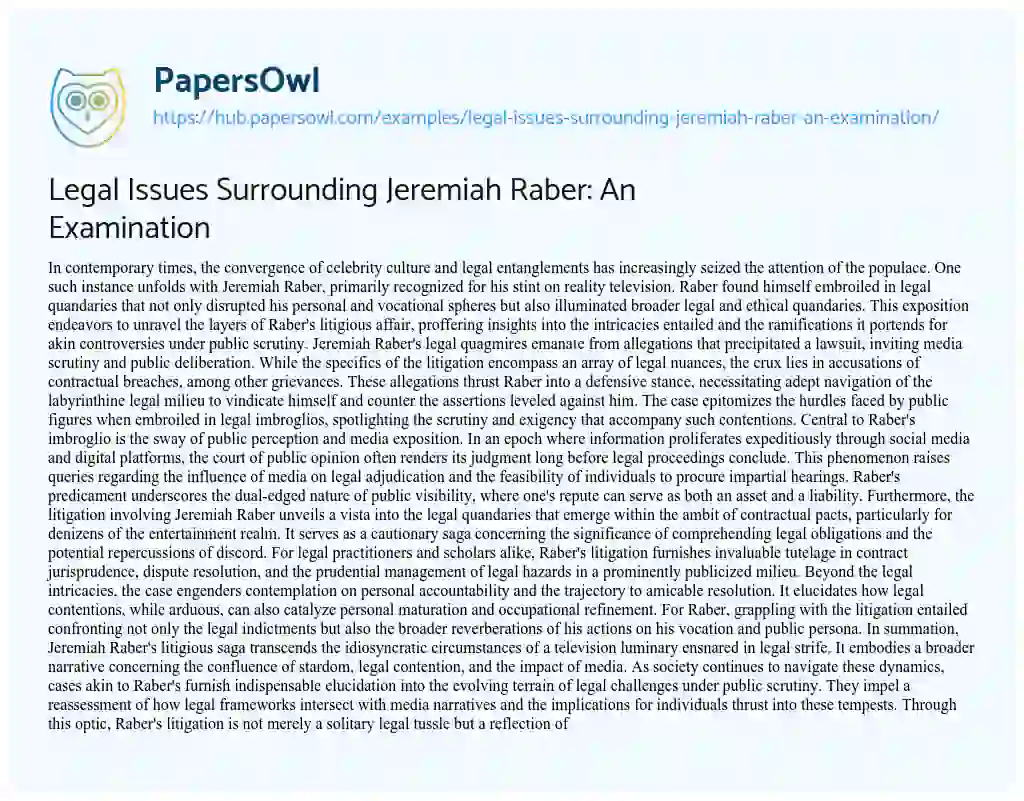 Essay on Legal Issues Surrounding Jeremiah Raber: An Examination