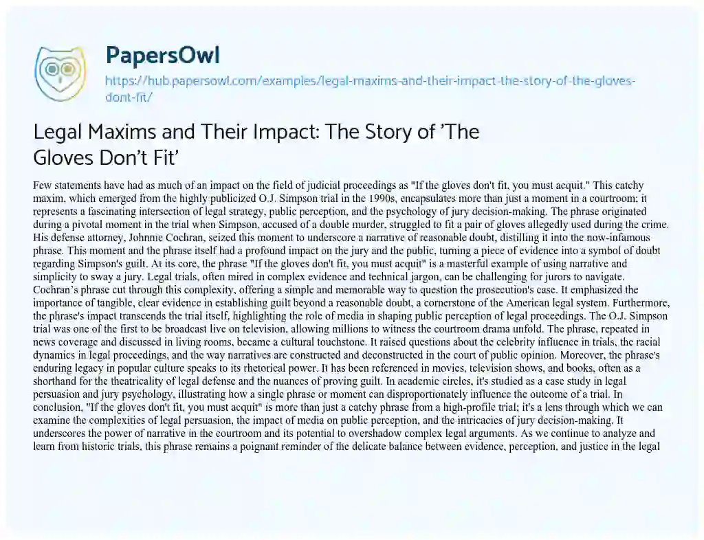 Essay on Legal Maxims and Their Impact: The Story of ‘The Gloves Don’t Fit’