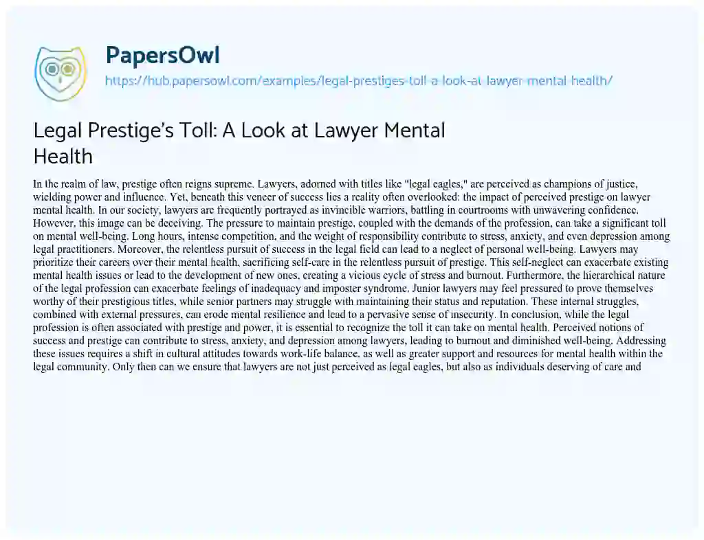 Essay on Legal Prestige’s Toll: A Look at Lawyer Mental Health