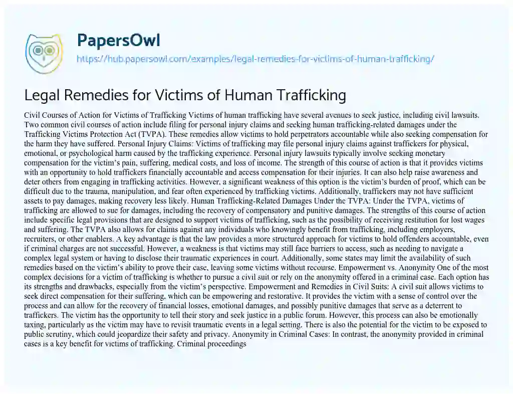 Essay on Legal Remedies for Victims of Human Trafficking