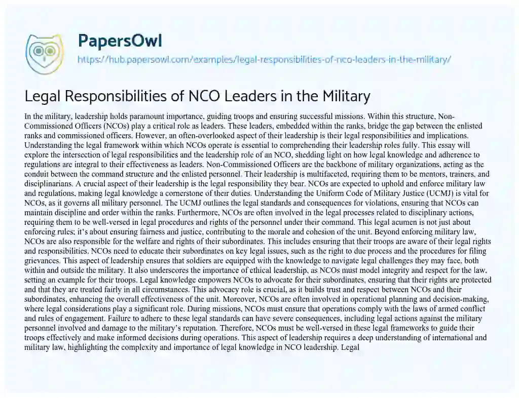 Essay on Legal Responsibilities of NCO Leaders in the Military