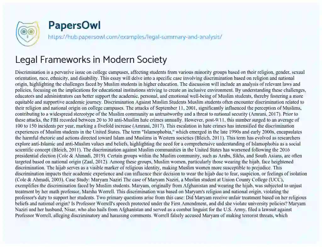 Essay on Legal Frameworks in Modern Society