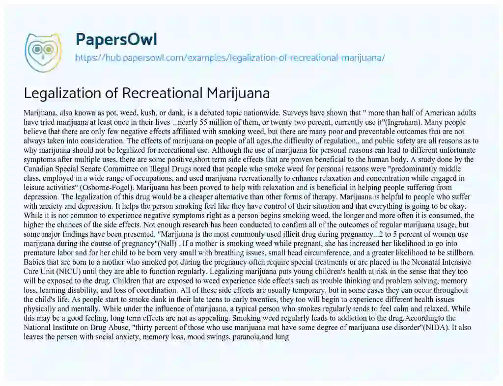 Essay on Legalization of Recreational Marijuana