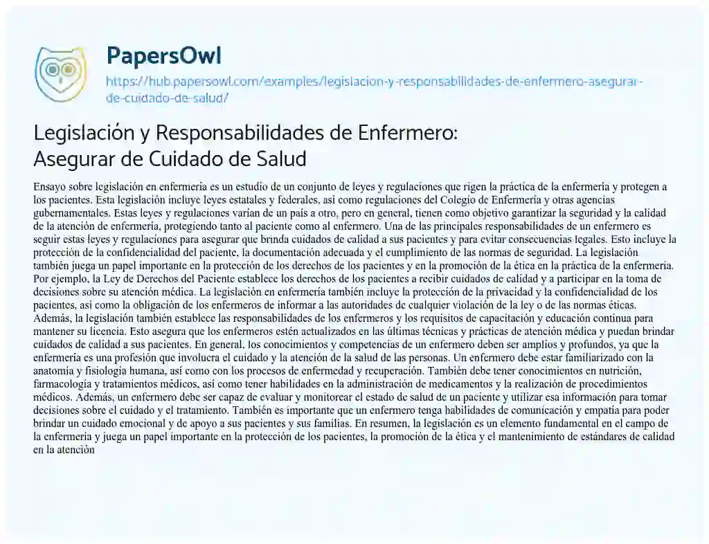 Essay on Legislación y Responsabilidades de Enfermero: Asegurar de Cuidado de Salud