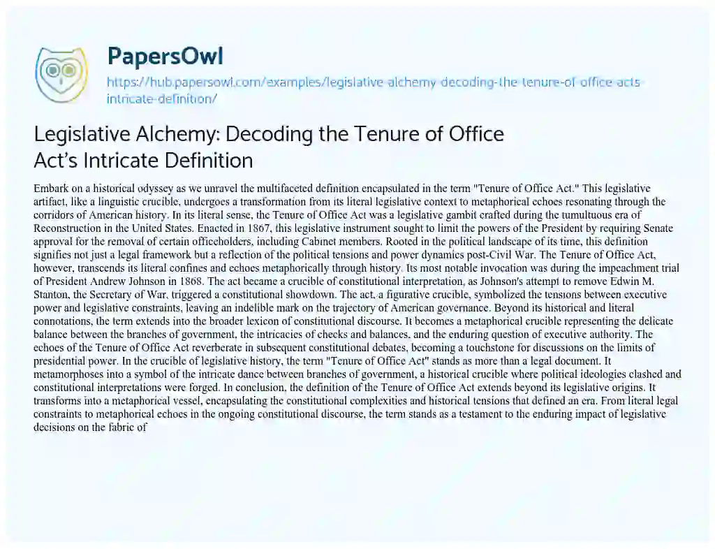 Essay on Legislative Alchemy: Decoding the Tenure of Office Act’s Intricate Definition