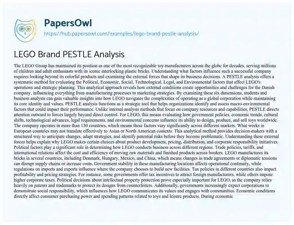 Essay on LEGO Brand PESTLE Analysis