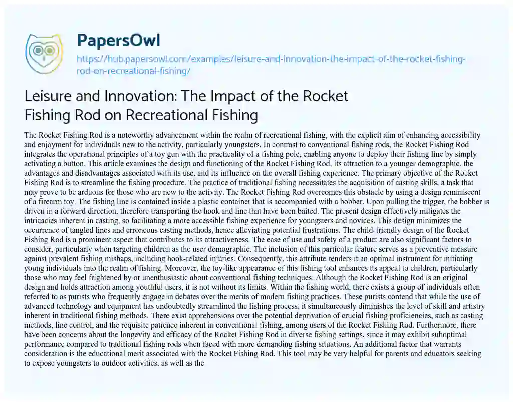 Essay on Leisure and Innovation: The Impact of the Rocket Fishing Rod on Recreational Fishing