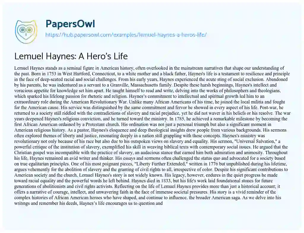 Essay on Lemuel Haynes: A Hero’s Life