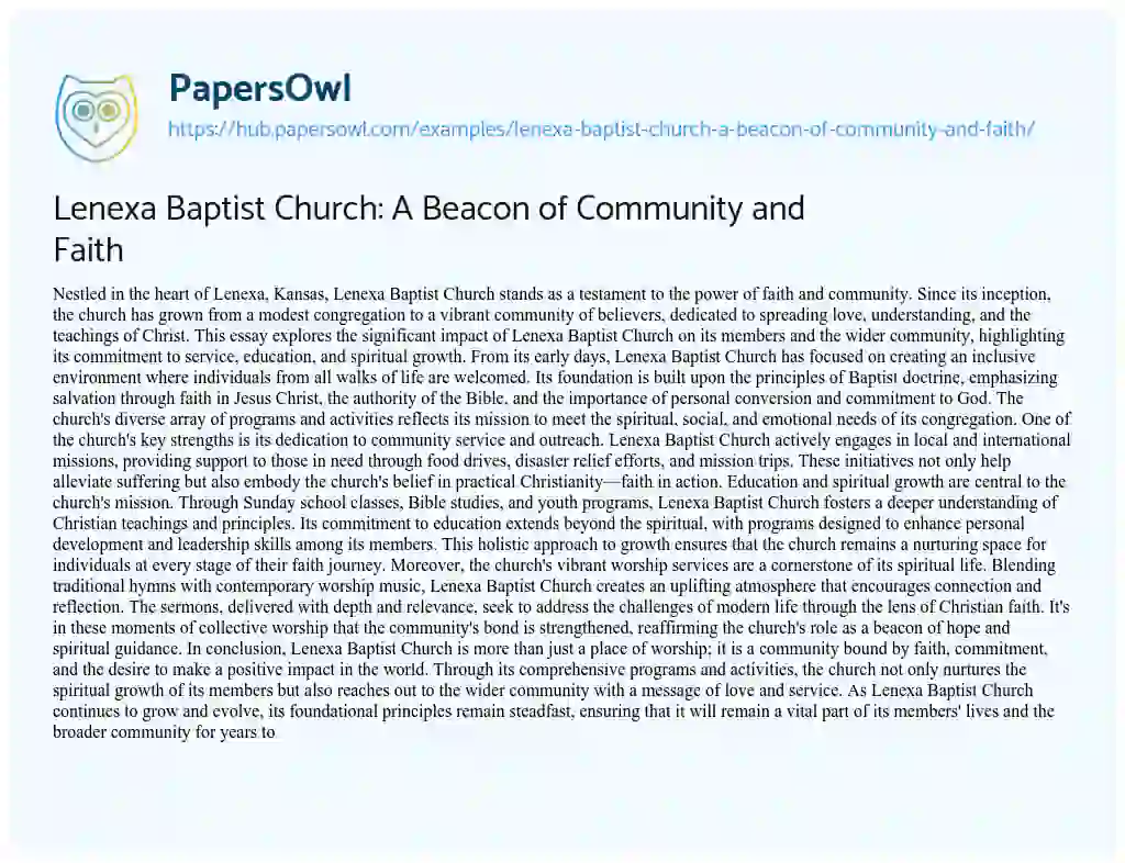 Essay on Lenexa Baptist Church: A Beacon of Community and Faith