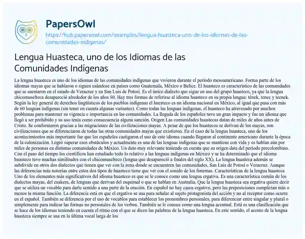 Essay on Lengua Huasteca, uno de los Idiomas de las Comunidades Indígenas