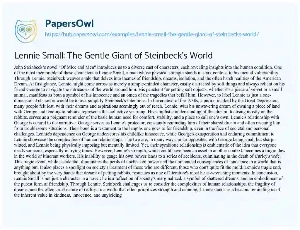 Essay on Lennie Small: The Gentle Giant of Steinbeck’s World