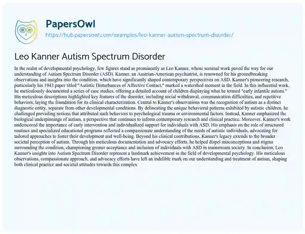 Essay on Leo Kanner Autism Spectrum Disorder