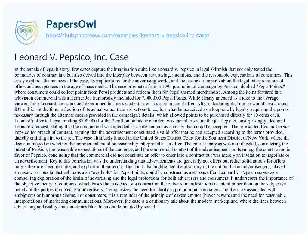 Essay on Leonard V. Pepsico, Inc. Case