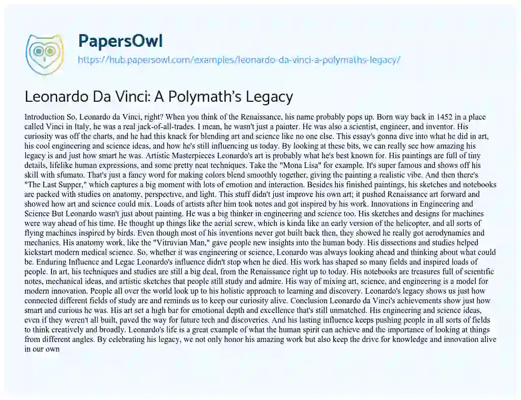 Essay on Leonardo Da Vinci: A Polymath’s Legacy