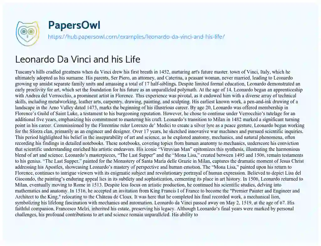 Essay on Leonardo Da Vinci and his Life
