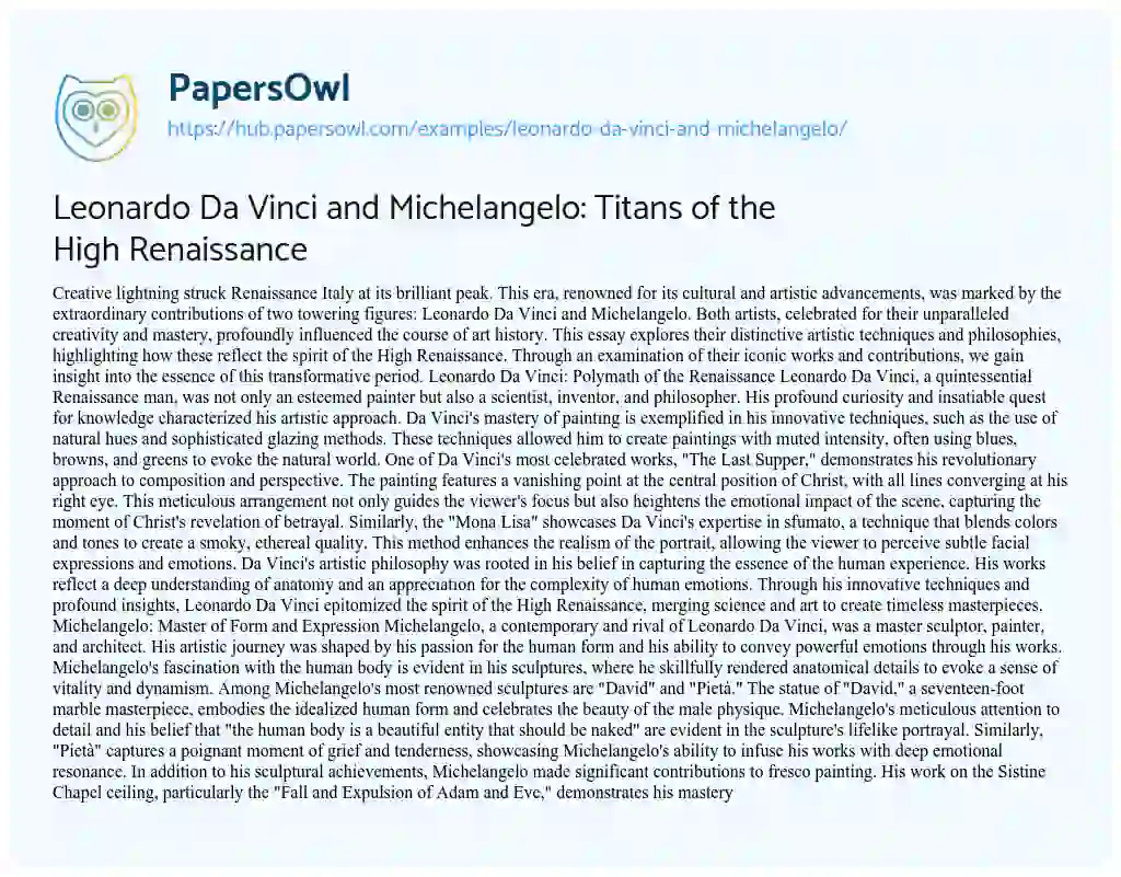 Essay on Leonardo Da Vinci and Michelangelo: Titans of the High Renaissance