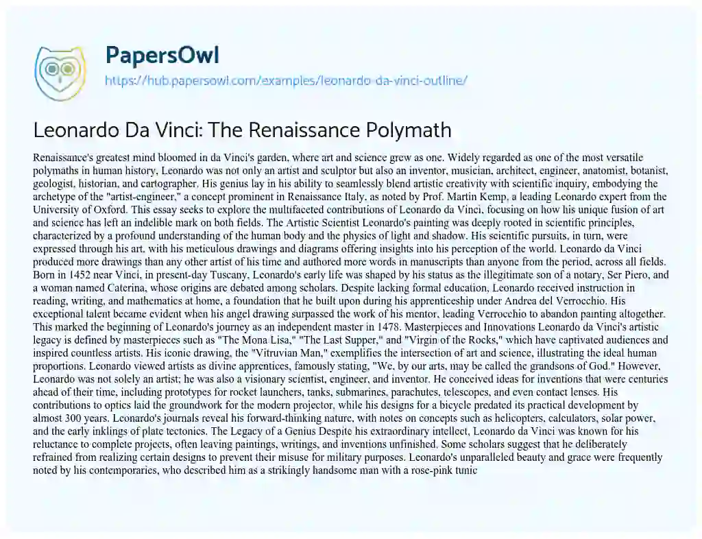 Essay on Leonardo Da Vinci: The Renaissance Polymath